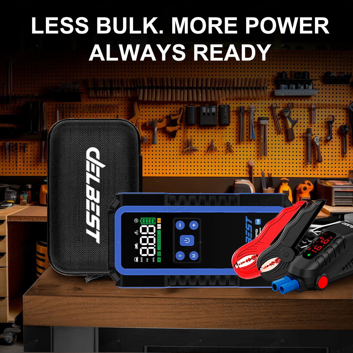 All-in-One 12V 32000mAh 6000A Jump Start 150PSI Air Pump 65W PD Charger & Tire Pressure Monitor for Compact Cars/Motorcycles