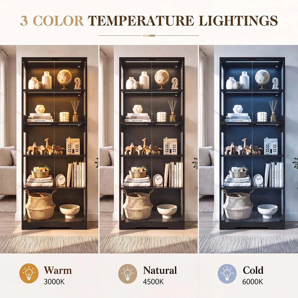 TCGBKAF 5‑Tier Display Cabinet with Glass Doors Motion Sensor Dimmable LED Lights Wooden Frame Display Storage Cabinet for Collectible Figures Living Room Bedroom Office Home Furniture