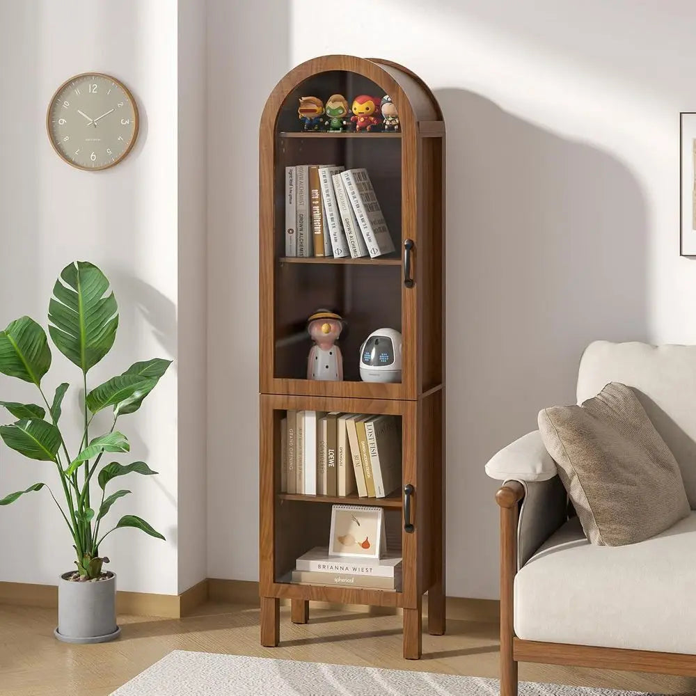 64.17 in Tall Arched Display Cabinet with Acrylic Glass Do5-Tier Kitchen Pantry Storage Cabiern Wood Curio Cabinet Bookcase or L