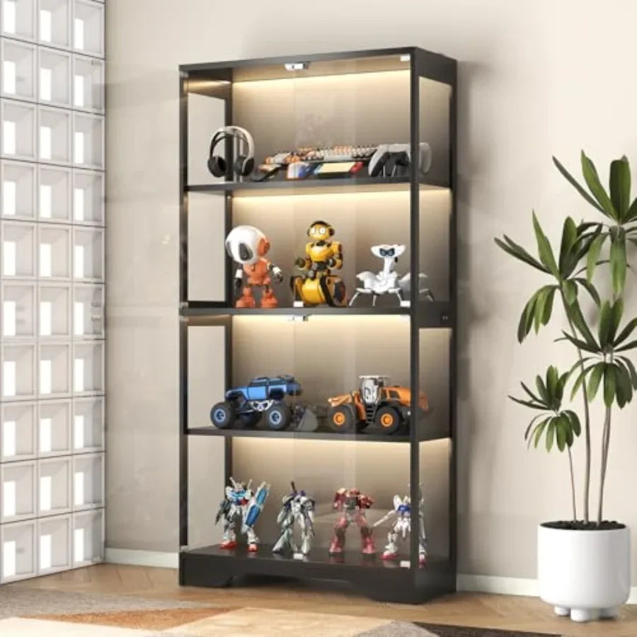 Display Cabinet with Glass Doors for Collectibles and Artwork Books, Black Metal and Wood, 63 Tall, 4-Tier with Color Lights an