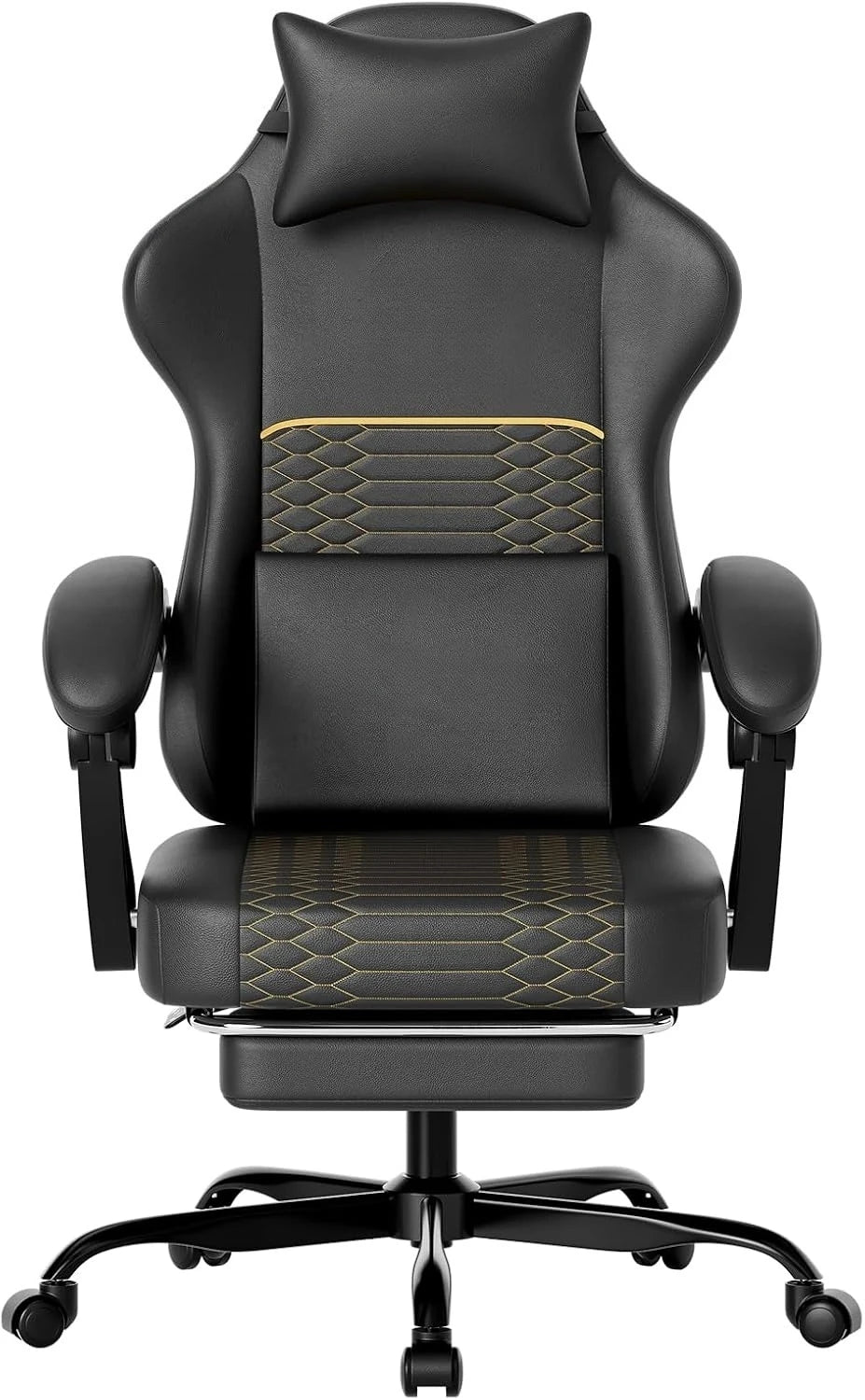 Gaming Chair PU Leather High Back Massage Lumbar Support Ergonom Adjustable Lumbar and Headrest Massage Support,All Seasons Universal Black