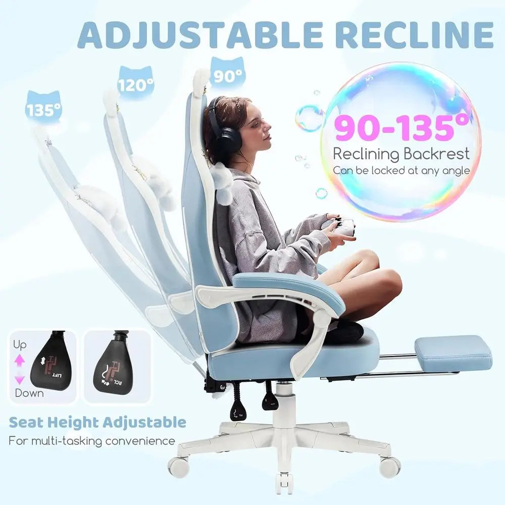 Ergonomic Blue/White Gaming Chair with Lumbar Support and Massage Features for Comfortable Gaming
