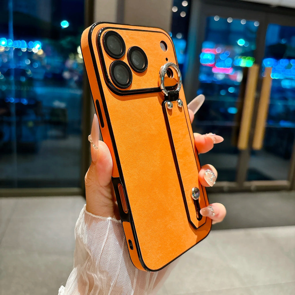 Suede Leather Wrist Strap Holder Phone Case for iPhone 17 16 15 14 13 Plus Pro Max Large Window Camera Protection Bumper Cover