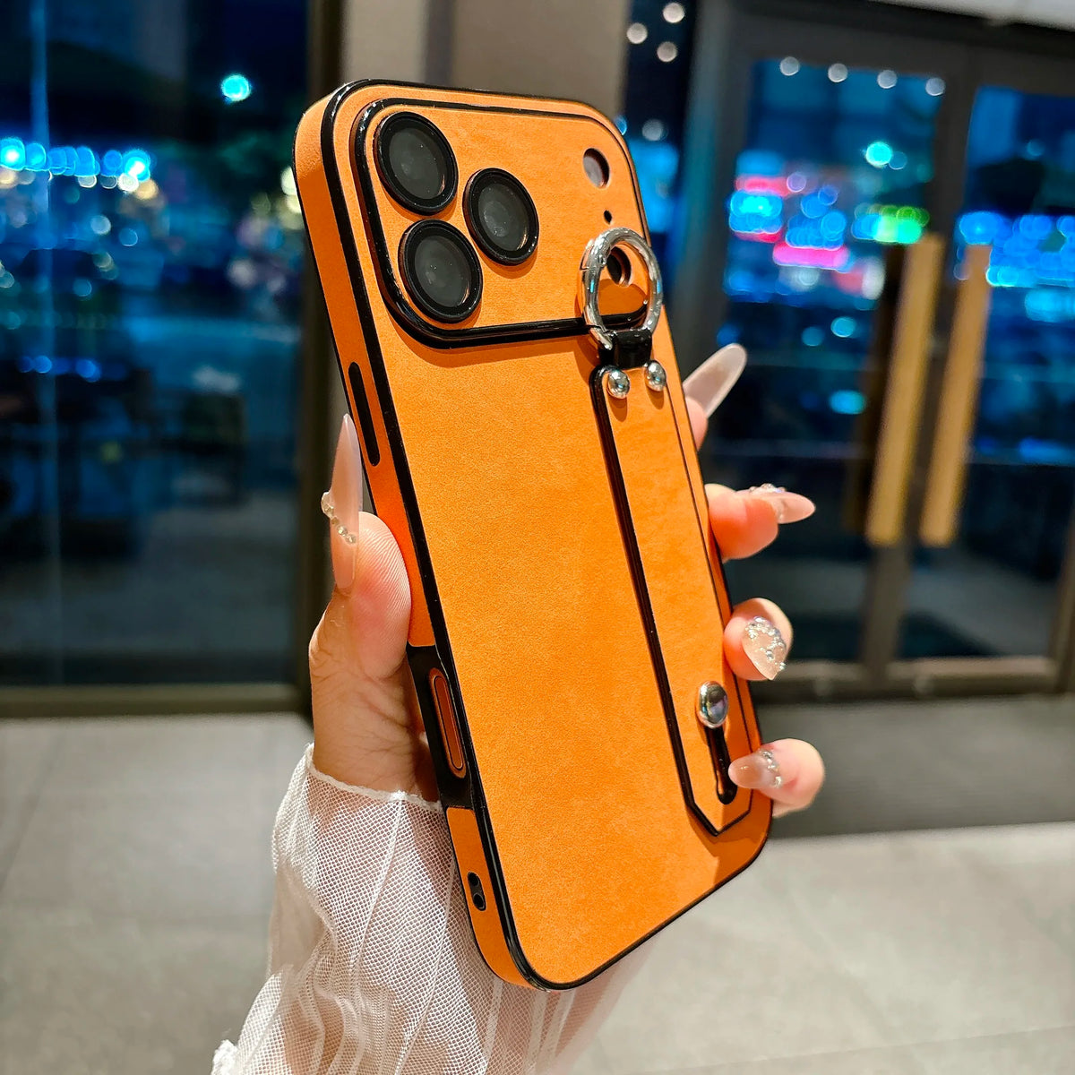Suede Leather Wrist Strap Holder Phone Case for iPhone 17 16 15 14 13 Plus Pro Max Large Window Camera Protection Bumper Cover