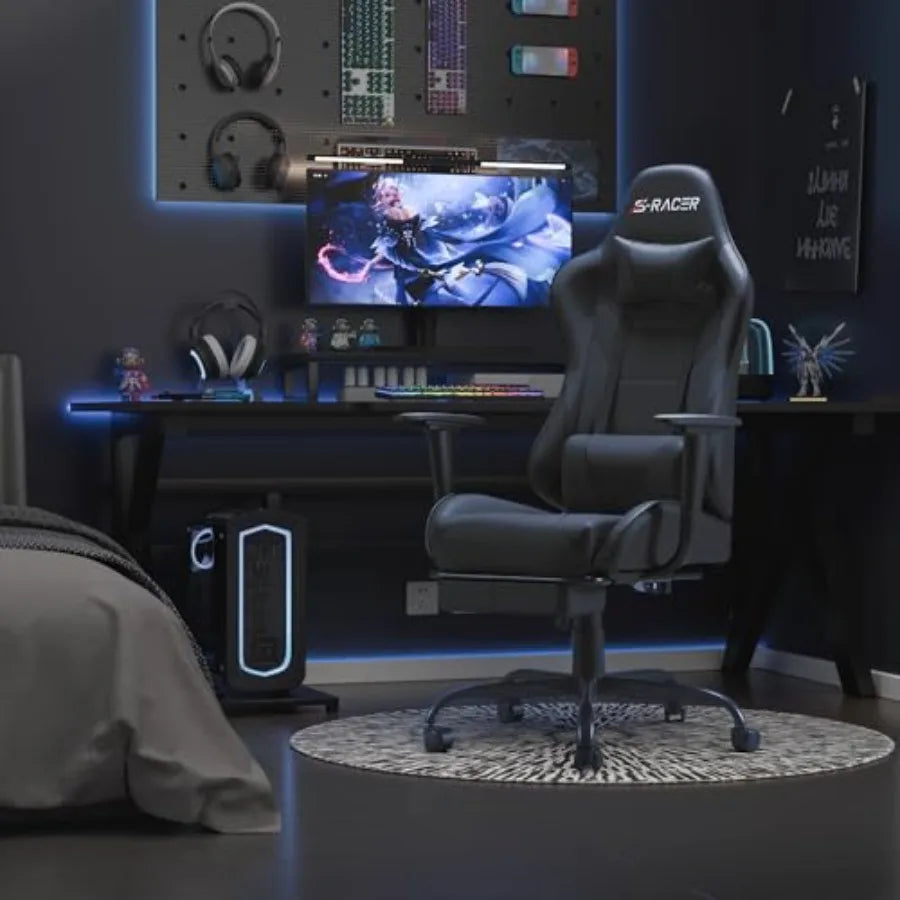 Ergonomic Gaming Chair for Home Office Use, Faux Leather, Black, Lumbar Support and Adjustable Height