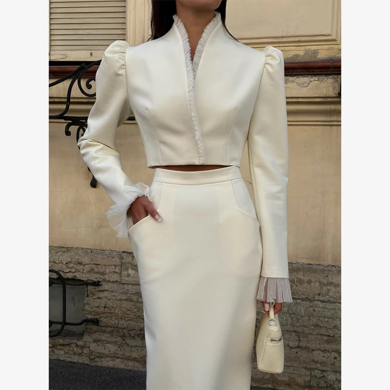Women White Tulle Patchwork Skirt Set Solid V-neck Long Sleeve Cropped Top Slim Maxi Skirts Suit Lady 2026 Commuter Outfits