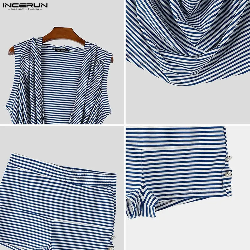 INCERUN Men Striped Sets Summer Hooded Sleeveless Tank Tops Shorts Two Piece Sets Streetwear 2026 Loose Casual Men Matching Sets