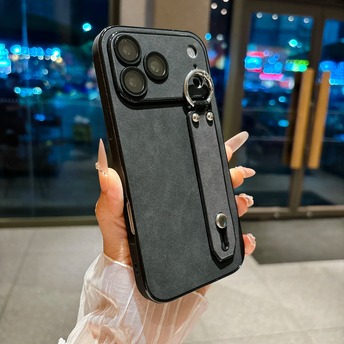 Suede Leather Wrist Strap Holder Phone Case for iPhone 17 16 15 14 13 Plus Pro Max Large Window Camera Protection Bumper Cover