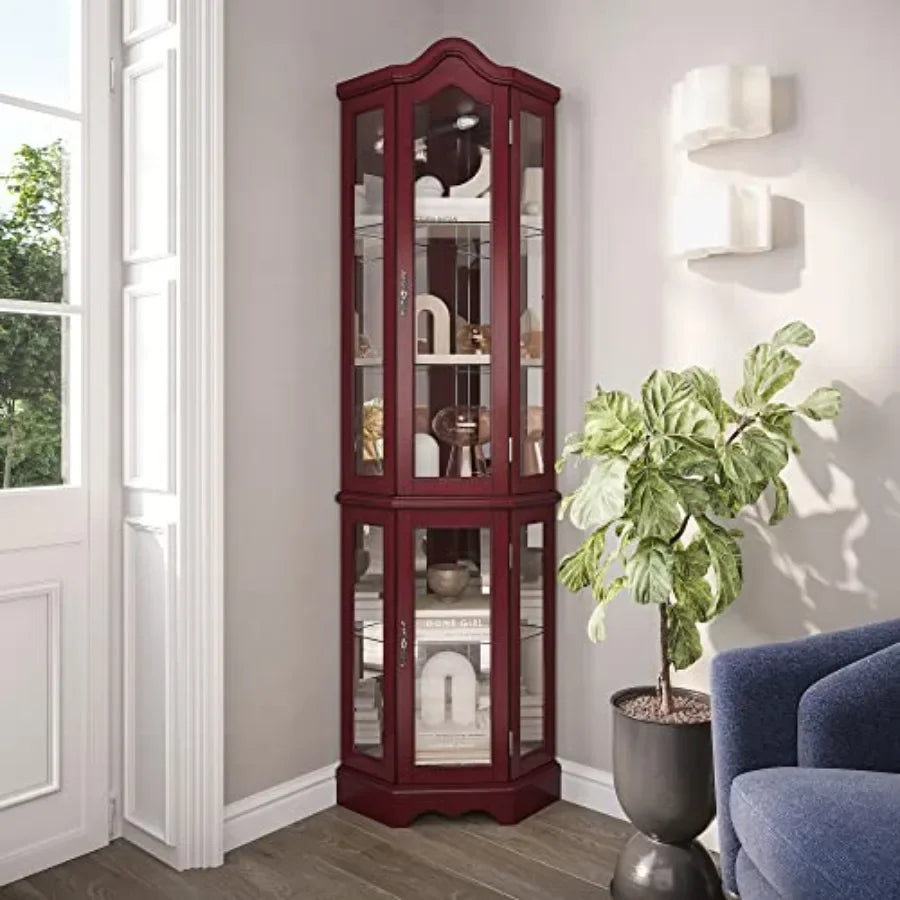 Lighted Corner Display Curved Top Curio Cabinet Wooden Shelving Unit with Tempered Glass Door, Bar and Liquor Storage Area with