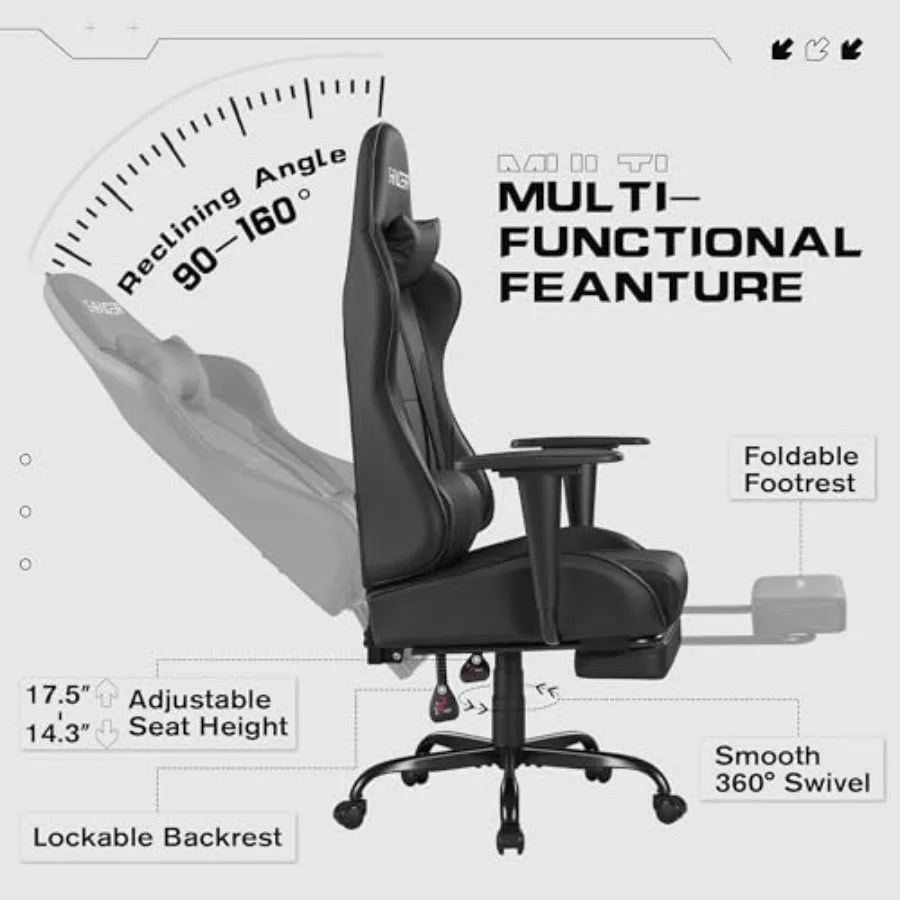 Ergonomic Gaming Chair for Home Office Use, Faux Leather, Black, Lumbar Support and Adjustable Height